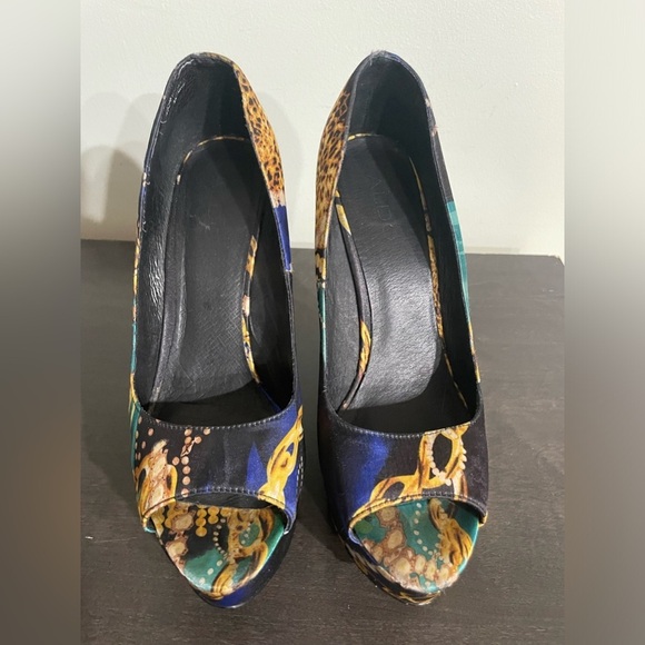 ALDO Platform peep-toe Retro Y2K leopard & gold chain print satin feel size 9 - Picture 5 of 14